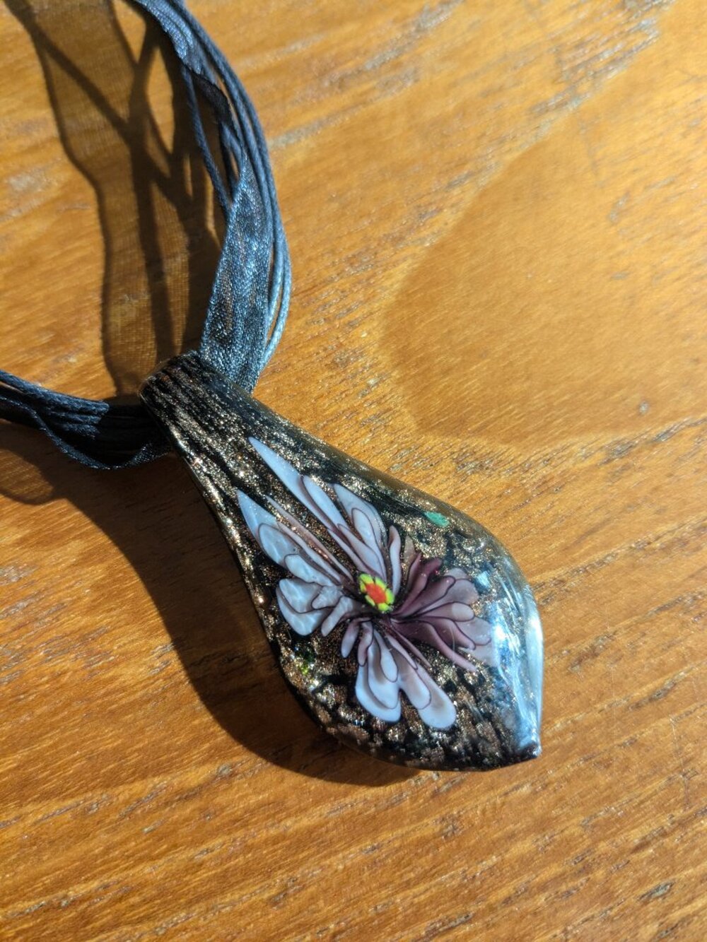 Murano Style Millefiori Glass Floral Pendant Necklace Black Ribbon Multi-Strand